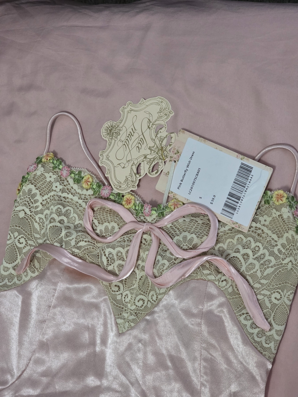 La Vie En Rose Pink Satin and Ivory Lace Chemise with Floral Trim